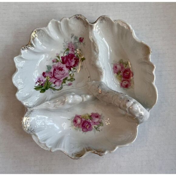 ANTIQUE SERVING BOWL 3 Parts Candy Condiments Bavaria White Porcelain Roses - Picture 1 of 9